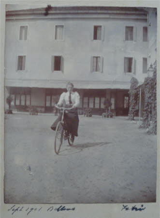 Gioconda Mary Hulton (1887-1940) riding a bicycle in Belluno - September 1901