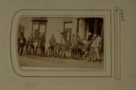 A group of six young men outside the [Royal] Sportsman Hotel, Portmadoc