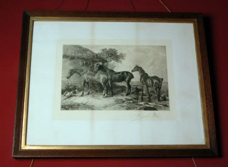 Three horses by a thatched cottage by a stream