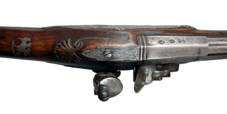 Kedleston Hall, 108523.1, one of pair of iron barrelled flintlock blunderbusses, condition survey, 2005 © National Trust / Brian Godwin