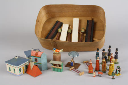 Model town building set with Victorian painted wooden figures and buildings