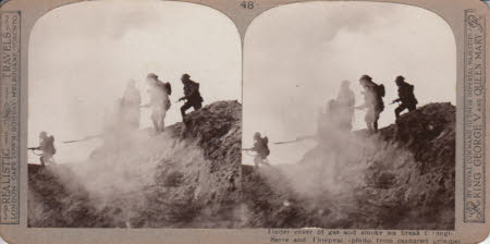 Under cover of gas and smoke, we break through Serre and Thiepval. (Photo from captured prisoner)