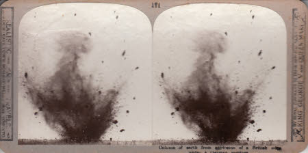 Column of earth from explosion of a British bomb under a German position.