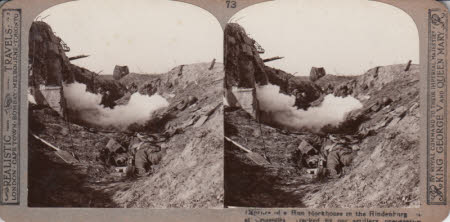 Capture of a Hun Blockhouse in the Hinderburg at Croisilles wrecked by our artillery preparations.