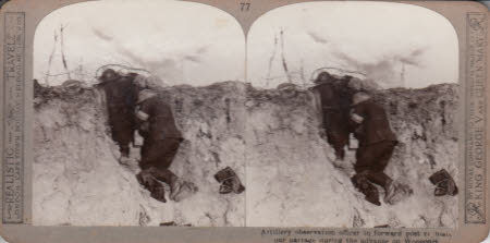Artillery observation officer in forward post retaliate our barrage during the advance on Woincourt.