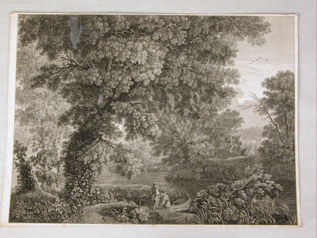 Two fishermen with a boat at a pool surrounded by trees.