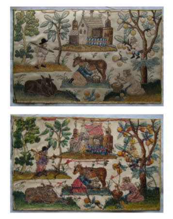 Croft Castle, 537670, stumpwork workbox, comparison of front and reverse faces of side panel showing fading and original colour scheme © National Trust / Robin Merrifield