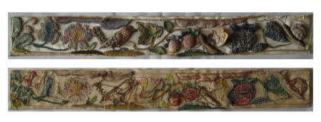 Croft Castle, 537670, stumpwork workbox, comparison of front and reverse faces of rear lid panel showing fading and original colour scheme  © National Trust / Robin Merrifield