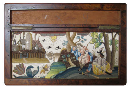 Croft Castle, 537670, stumpwork workbox, back panel showing unfaded original colour scheme © National Trust / Robin Merrifield