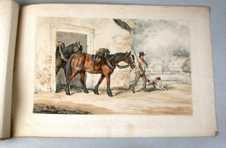 Horses being led out of a stable (after Henry Thomas Alken)