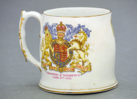 A beautiful white buy china mug to commemorate The Queens 1953 Coronation in Bishop Auckland