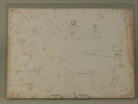 A wheel, two weights, a mixing bowl, a mallet, a saw, a cross-bow, a corner square and a plumb level