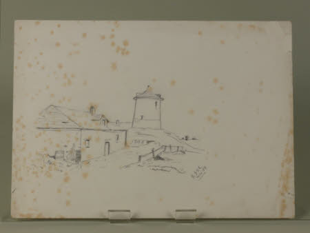 A low building with a dormer window, a round tower on a mound just beyond and boats on the distant ...