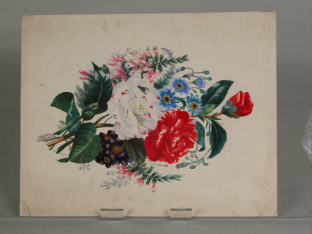 A red camellia, a white camellia flecked with red and other flowers
