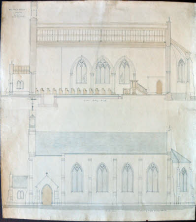 South elevation and west-east section for the proposed remodelling of Wimpole church, Cambridgeshire