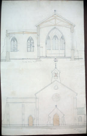 West elevation and north-south section through the Chicheley chapel and nave of Wimpole Church, ...