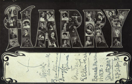 Signed postcard of thumb-print photographs in shape of word "Harry"