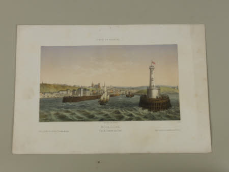 France en miniature: View of the entrance to the port of Boulogne from the sea. With a lighthouse ...
