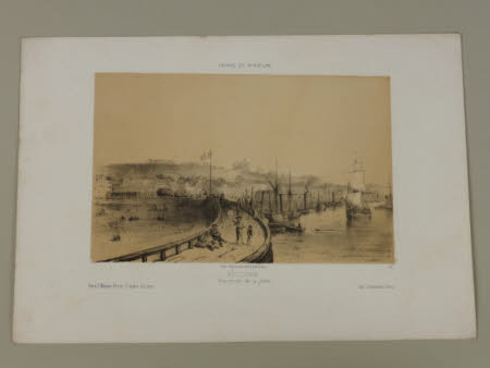 France en miniature: View of Boulogne from the sea with a jetty down the middle.