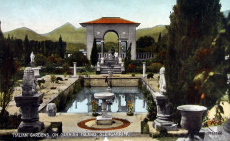 A postcard showing a view of Italianate Gardens on Garnish Island. Glangarriff, Scotland.
