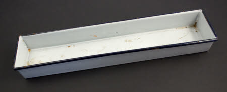 Rectangular sterilising tray with lid in blue and white enamel.