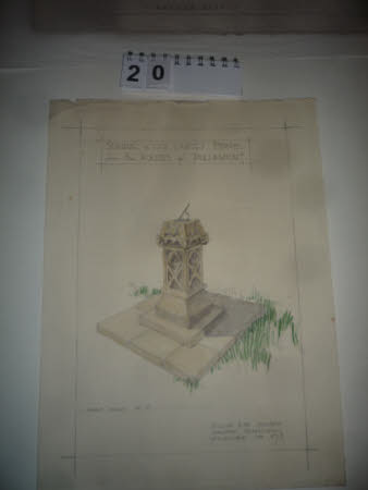 Hand-drawn design for a sundial pedestal at Kedleston Hall: "Sundial of old carved stone from the ...