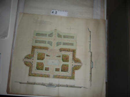 Plan and sections for a proposed rose garden at Thorpe Satchville Hall.