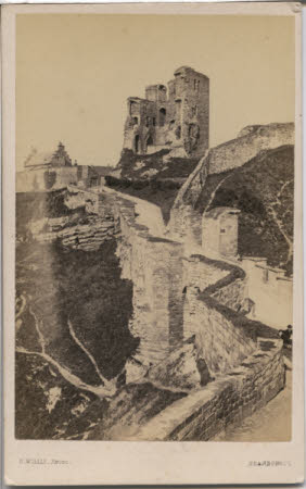 A view of the curtain walls and ruined keep of Scarborough Castle.