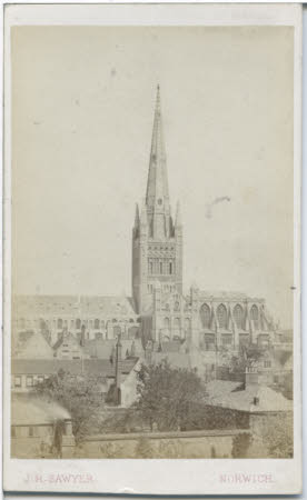 Monochrome view of Norwich Cathedral.