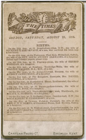 Birth announcements from The Times, London, Saturday, August 23, 1890.