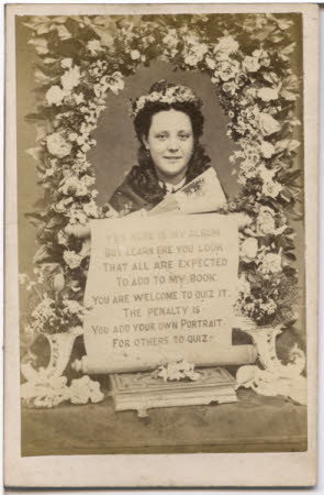 Portrait of unknown girl with introduction rhyme requesting portraits for a photograph album.