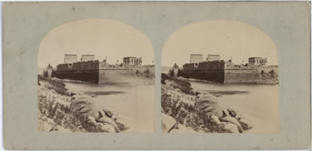 346: The bank of the River Nile from the Island of Biggeh with a view of the temple of Philae