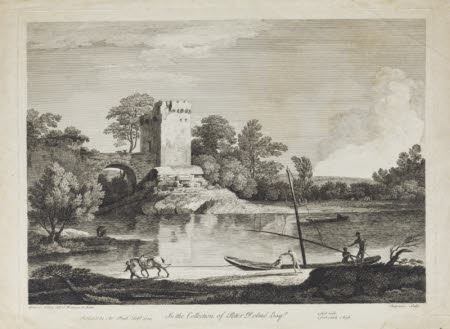 Landscape with a broad river, a single-arched bridge and a castellated square tower (after Jacques ...