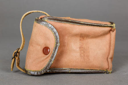 Brown canvas camera case for Coronet Cub miniature camera.