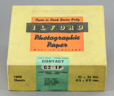 A box (empty) for 100 sheets of Ilford C2.1P Contact photographic paper.