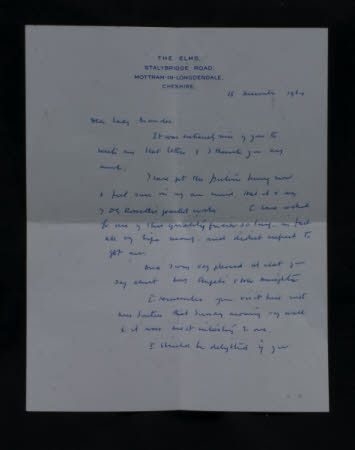 L.S.Lowry letter from 15 December 1964 to Lady Mander (Rosalie Glynn Grylls)