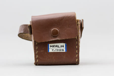 Brown leather case for Merlin subminiature rollfilm camera.