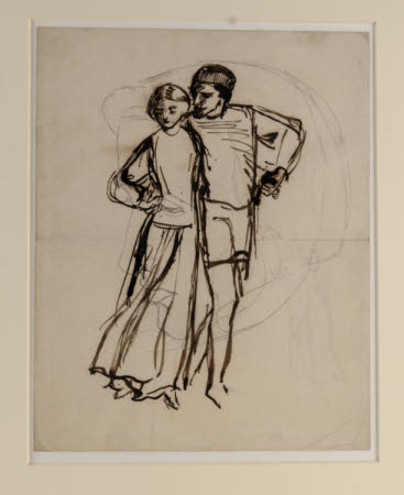 Man and Woman with arms entwined moving to the left