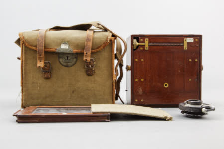 Sinclair & Co. Tropical Una folding field camera in canvas case, with double plateholder.