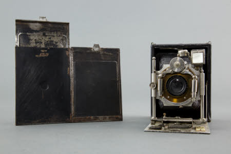 A folding plate camera with two plate holders