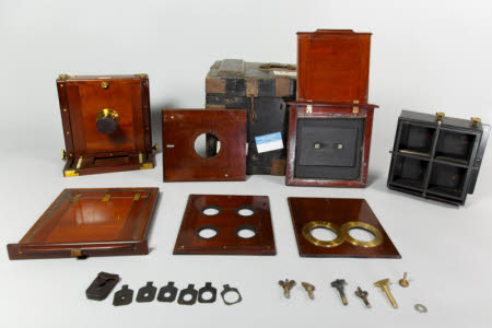 G. Hare wet plate camera in wooden box with accessories