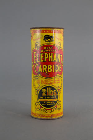 Empty tin of Elephant Carbide.