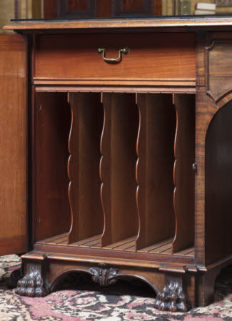 Interior of one of the pedestals to the library table, showing upright, shaped folio divisions of mahogany and oak © National Trust Images / John Hammond