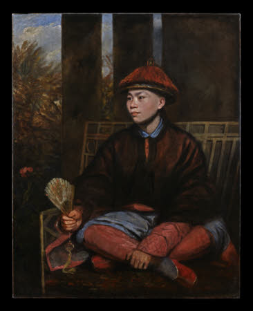 Huang Ya Dong oil painting by Sir Joshua Reynolds PRA at Knole, Kent - adjusted post conservation most recent version 05/2018 jad. A full-length portrait, in Chinese dress, sitting on a Chinese-style bench with his legs crossed, looking to the left, holding a fan in his right hand. Around 1770, a Chinese boy called Huang Ya Dong was brought to England from Guangzhou (Canton) by John Bradby Blake (1745-1773), an employee of the East India Company. Oil painting on canvas, 1776 ©National Trust Image/Matthew Hollow