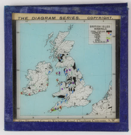 A coloured lithographic glass lantern slide, depicting a map of British Isles River Basins.
