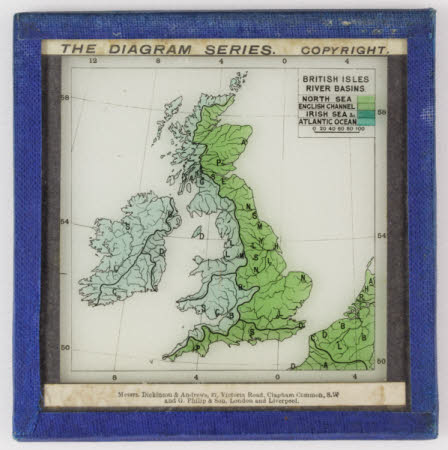 A coloured lithographic glass lantern slide, depicting a map of British Isles Minerals.
