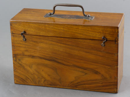 Polished walnut box to hold 25 quarter plate size glass photographic plates.