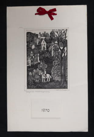 Village scene with a tractor horse and people, with a Church in the background.