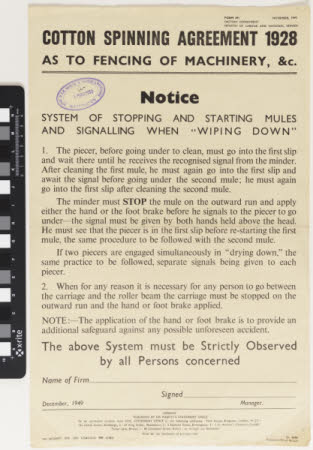 Cotton Spinning Agreement 1928 As to Fencing of Machinery, &c.