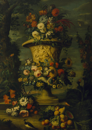 An Urn Filled and Garlanded with Summer Flowers and Autumn Fruit 515653 ...